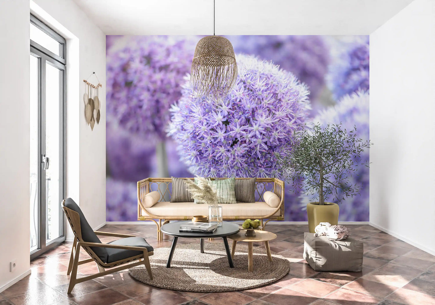 Matte finish suits the entryway with this Purple Floral Orb wall mural in violet hues.