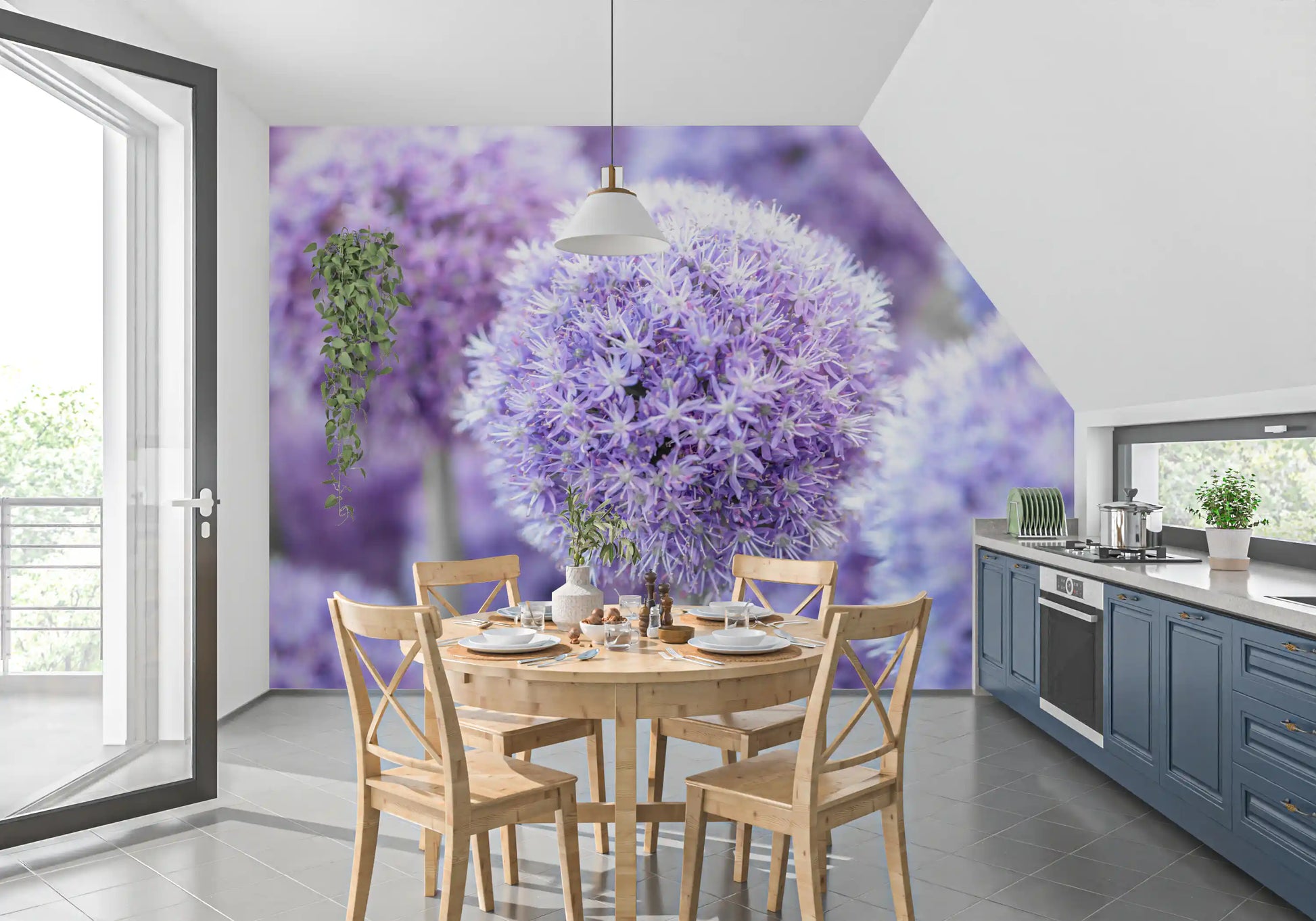 Purple Floral Orb wall mural opens a kitchen-dining room with violet allium globes.