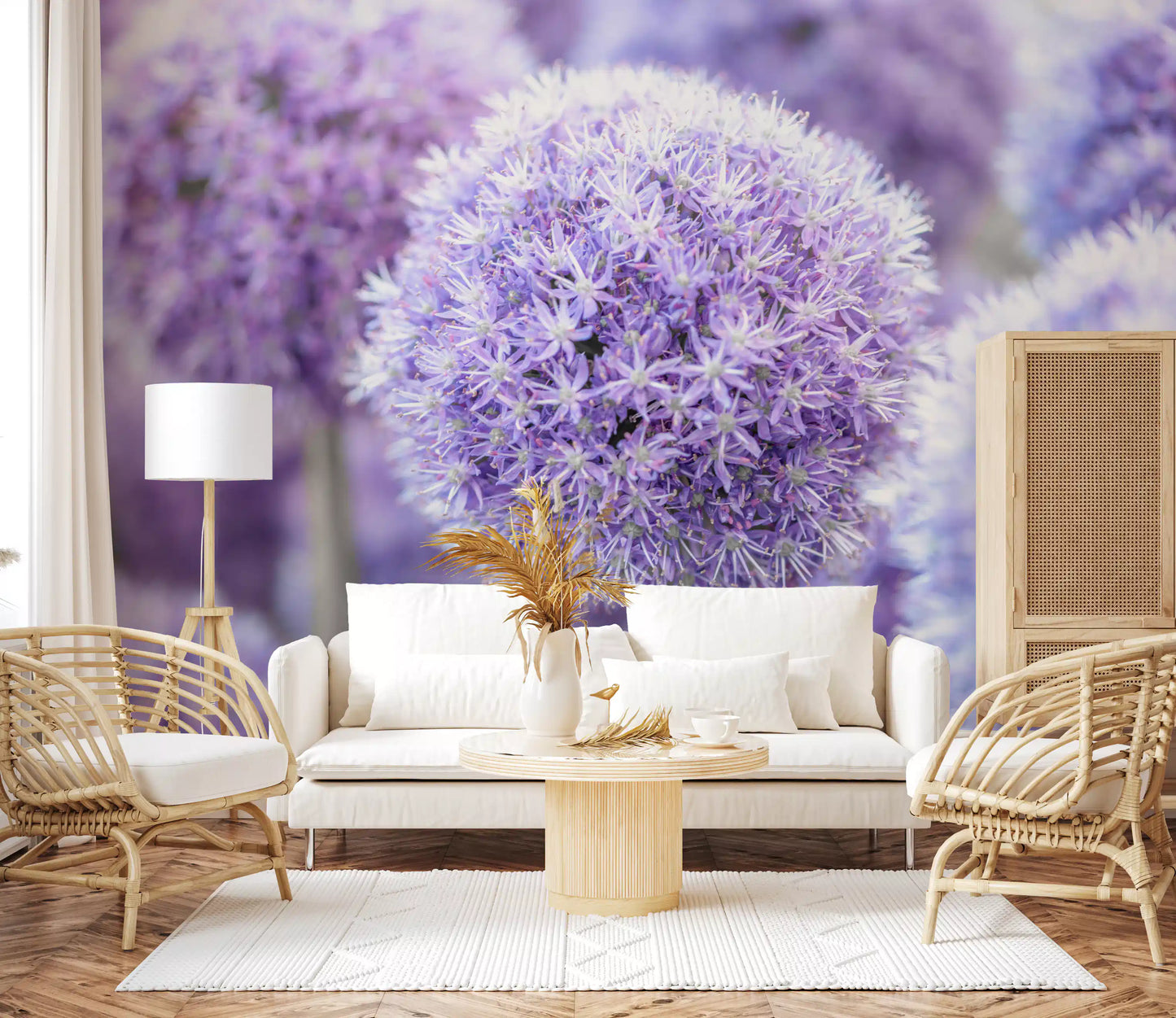 On this Purple Floral Orb wall mural, two paler orbs blur behind the main bloom.
