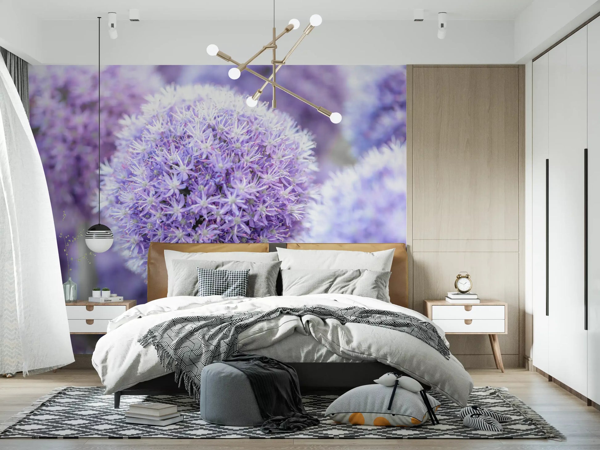 Cool lilac tones reach the bedroom from this Purple Floral Orb wall mural.
