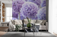 Hundreds of star florets fill a Living room view with the Purple Floral Orb wall mural.