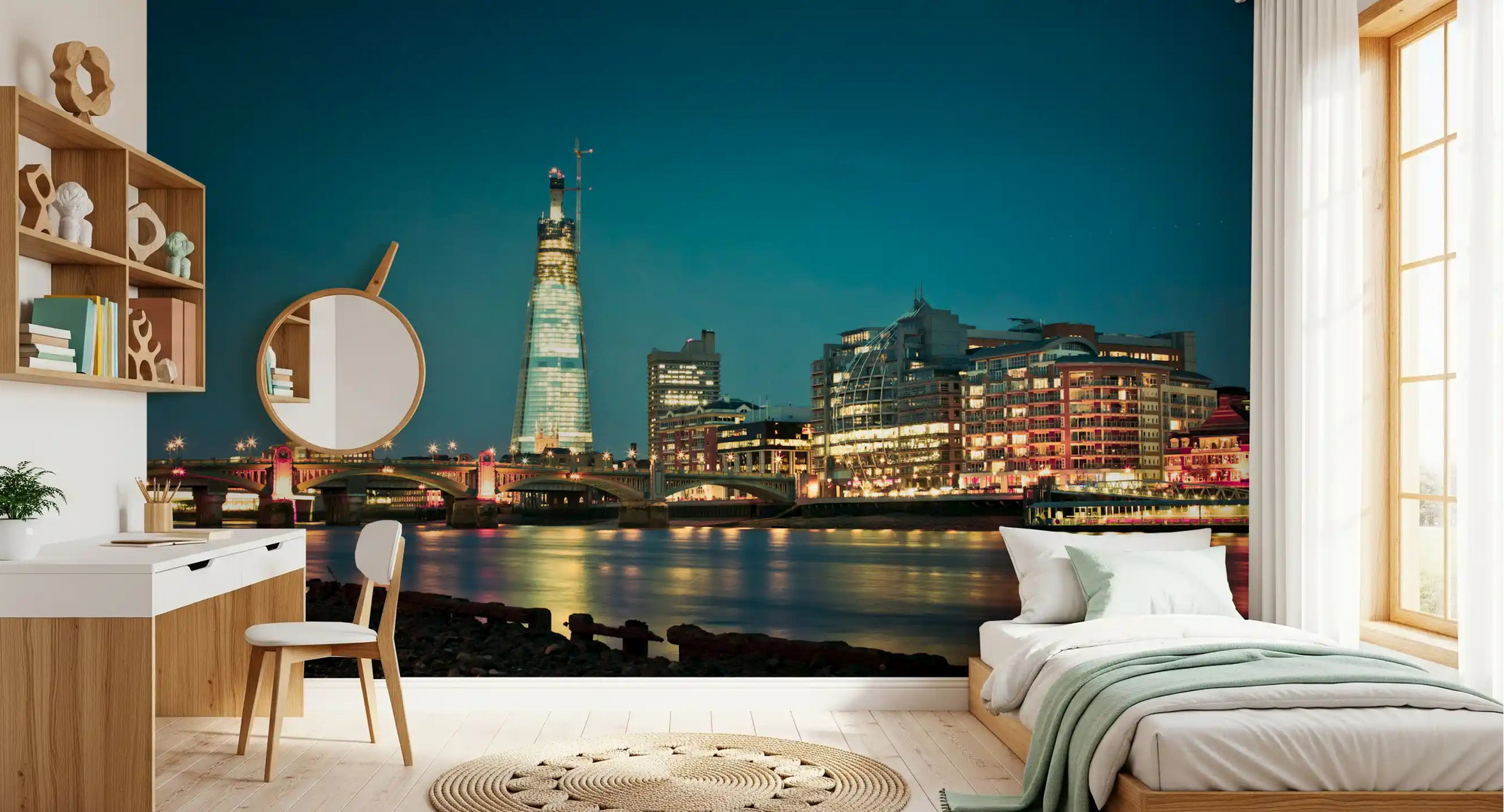 Twilight river panorama lends calm to a bedroom with the London Skyline wall mural