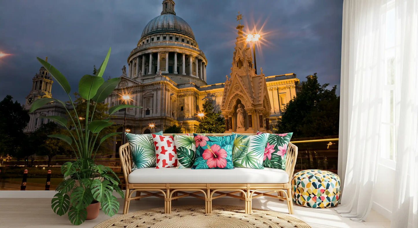 Gothic memorial fountain catches light beside the St. Paul's Dome wall mural's heart.
