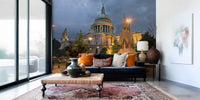 Amber lamps glow steadily against deep navy sky in the St. Paul's Dome wall mural.
