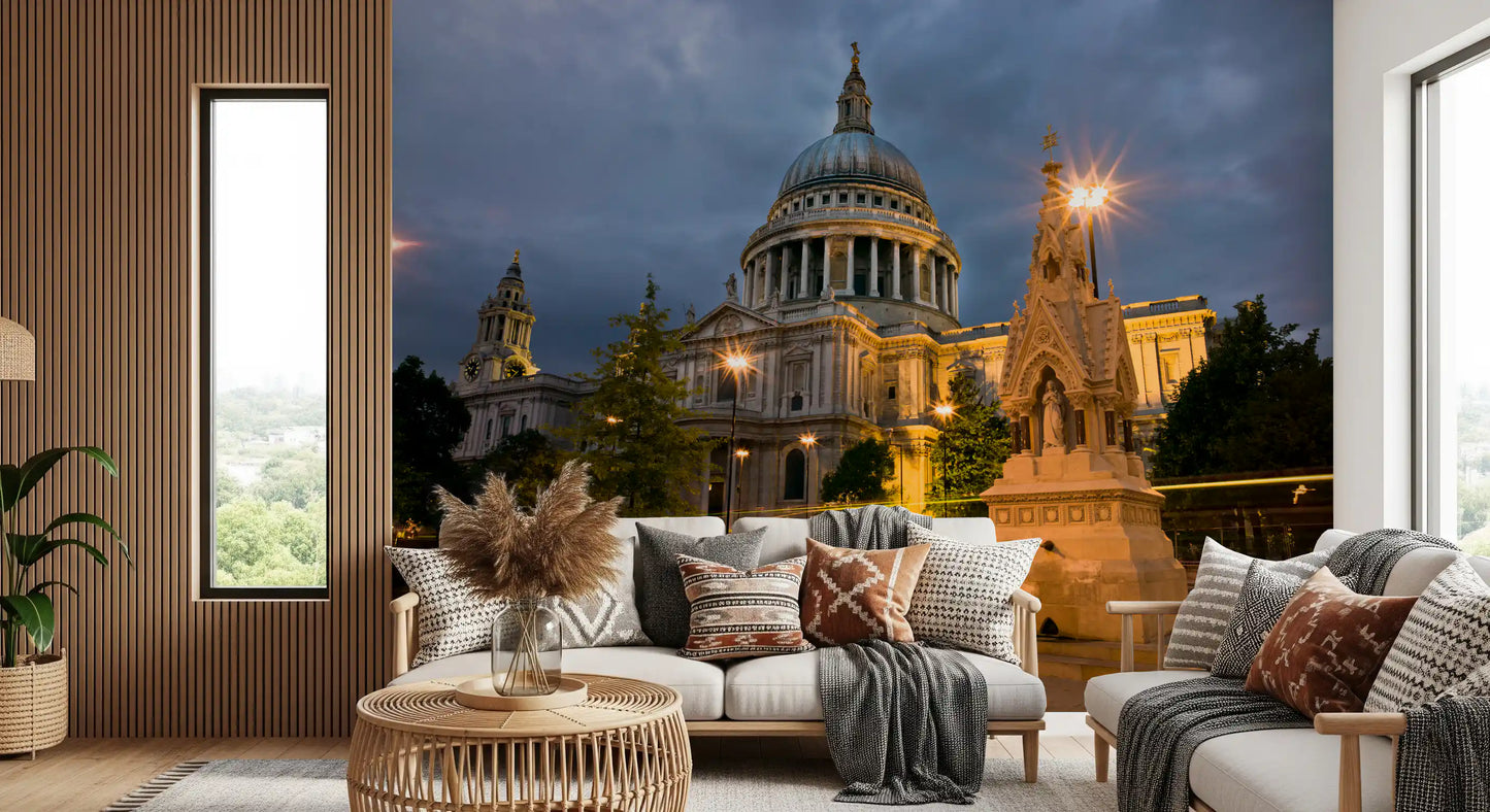 Quiet city dusk feeling lifts a hallway with the Iconic Dome wall mural backdrop.