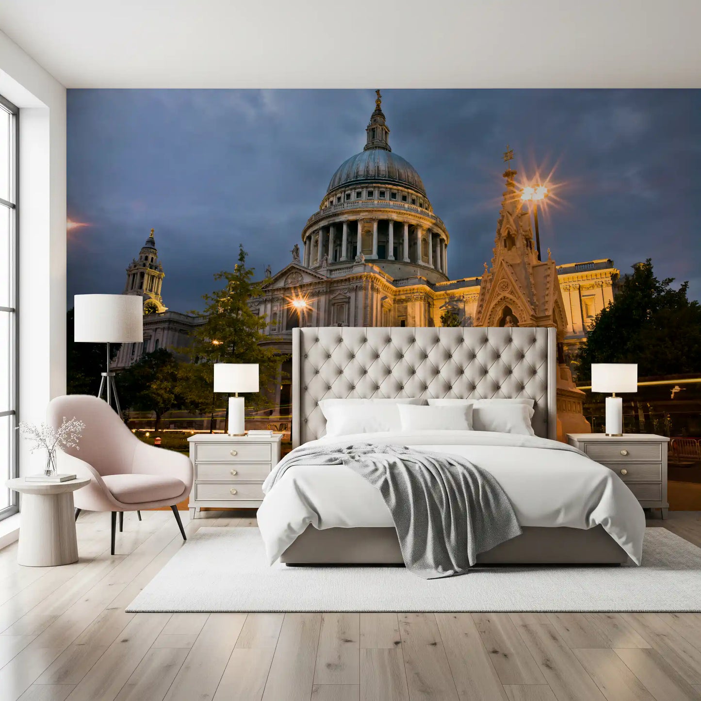 Light streaks trail down the lane in this London's Iconic Dome wall mural composition.