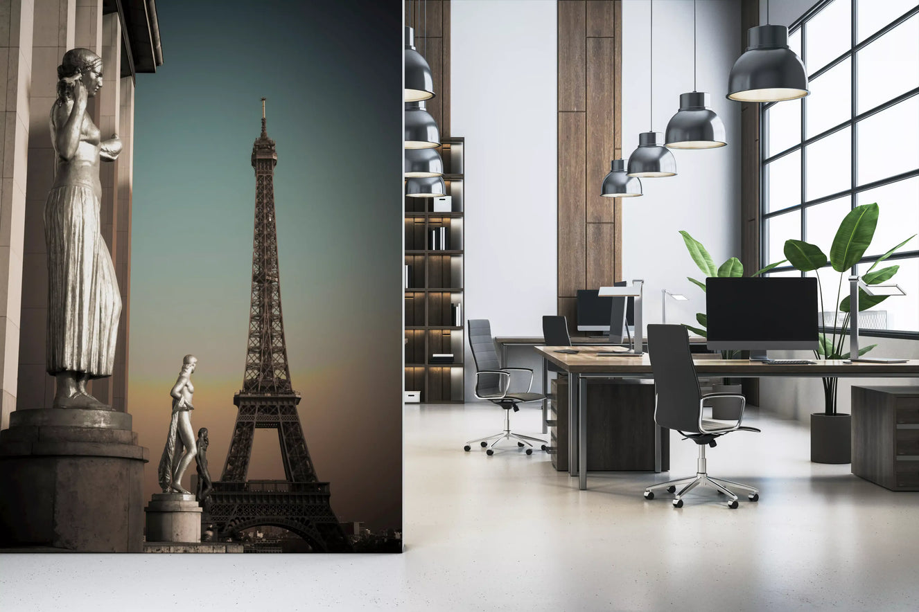 Warm gold sky lingers over the Home office workplace area by the Eiffel Tower wall mural