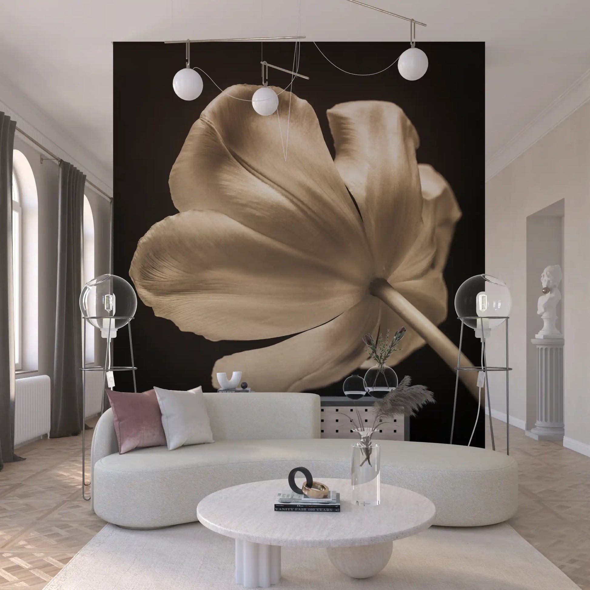 Sepia tulip head greets the living room from the Ethereal Tulip Bloom wall mural.