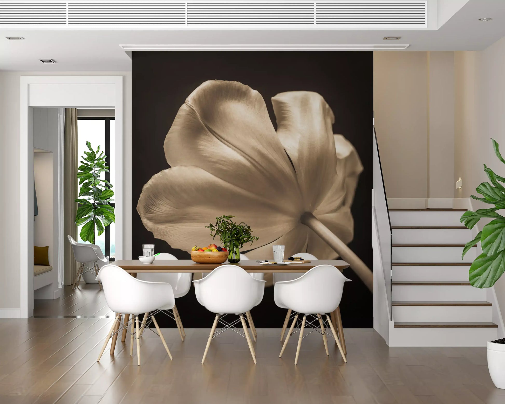 Single flower in the Ethereal Tulip Bloom wall mural draws dining room attention.