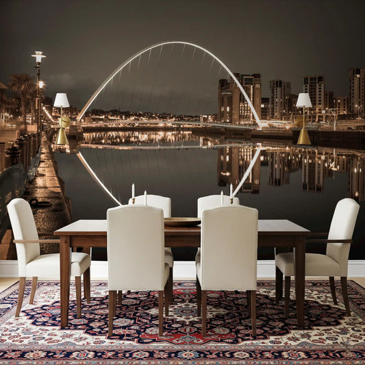 Mirror image of a glowing arch reflects above a dining room, Archway wall mural