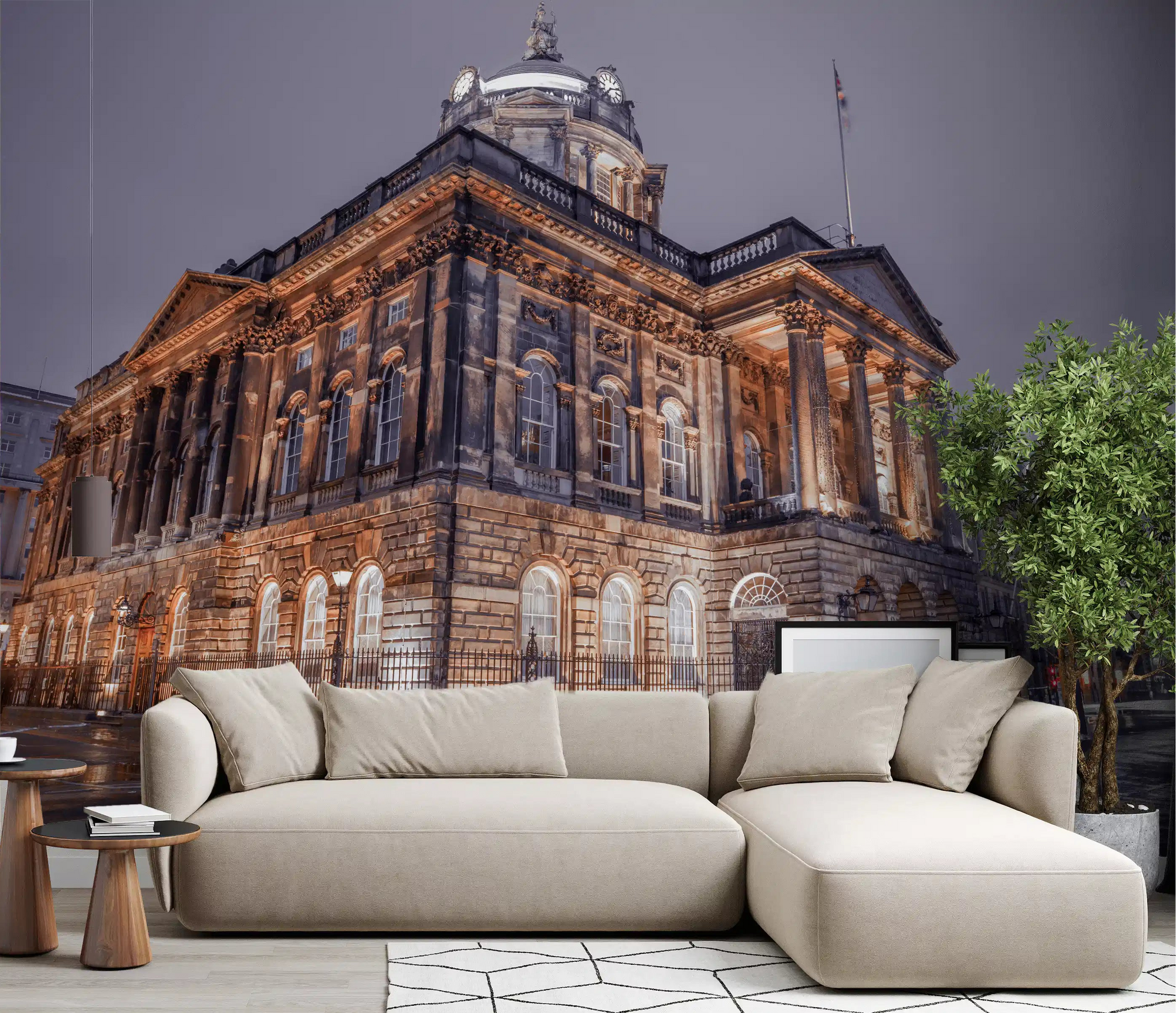 Late evening glow fills a living room thanks to the Nightfall Majesty wall mural piece.