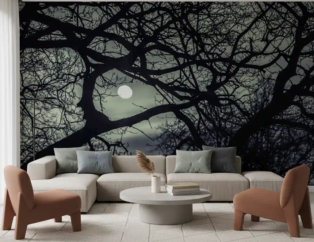 Inky black twigs ring a living room through this Midnight Branches wall mural.