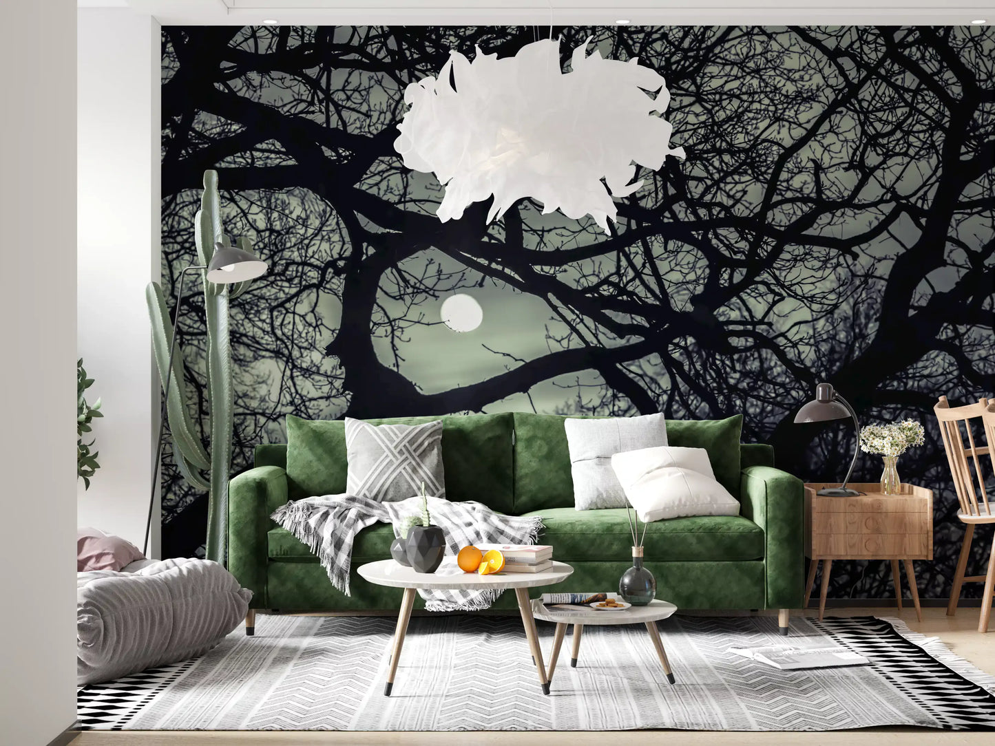 Silver moonlight filters between dense twig shapes on this Midnight Branches wall mural.