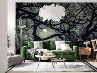 Silver moonlight filters between dense twig shapes on this Midnight Branches wall mural.