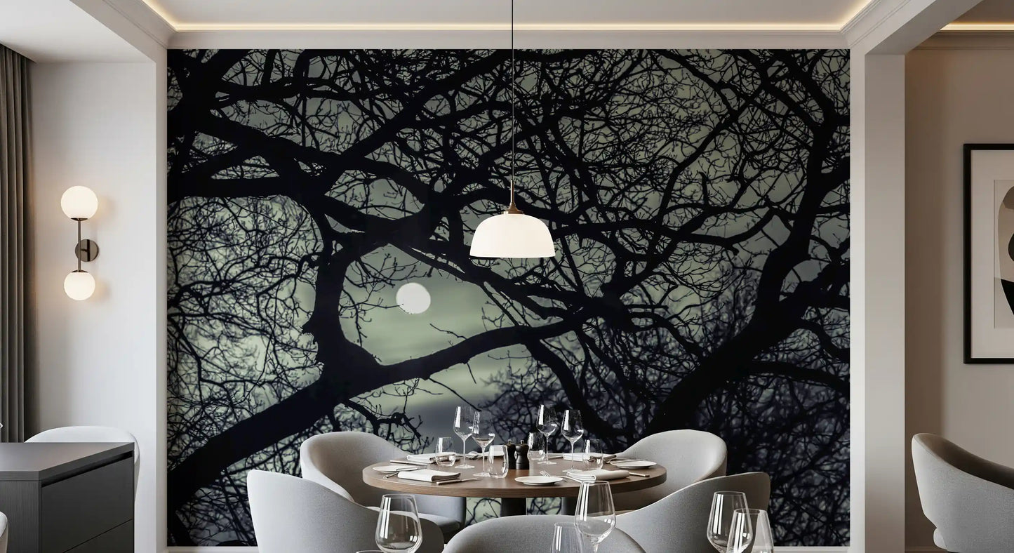 Hazy grey clouds float behind the moon on this Midnight Branches wall mural.