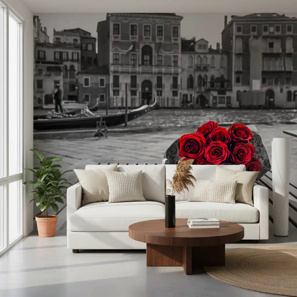 Red Roses, Grey Venice Wall Mural