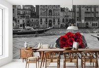 Saturated reds give the Red Roses, Grey Venice wall mural its cinematic depth.