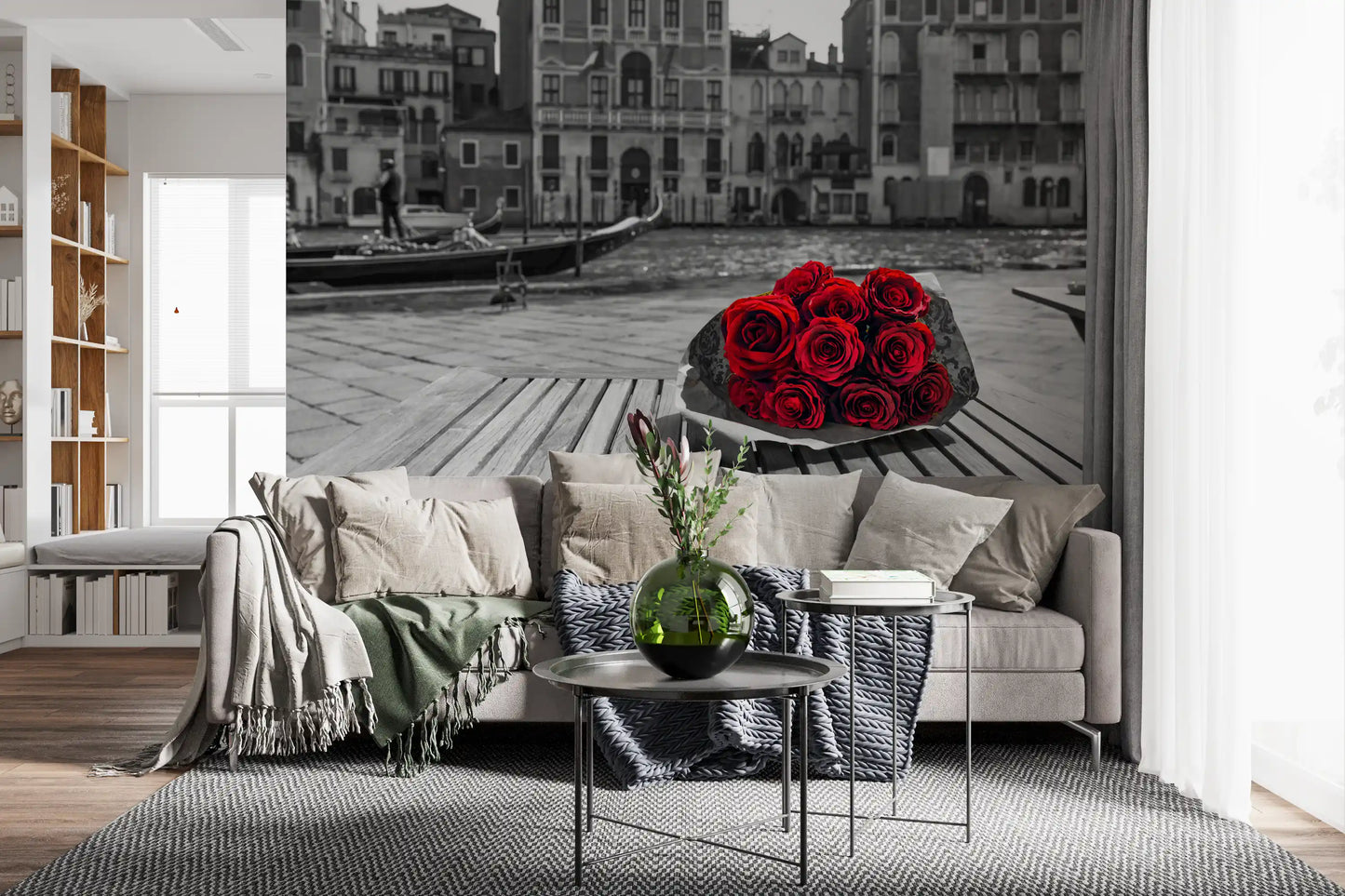Cinematic contrast tightens the Red Roses, Grey Venice wall mural around one bloom.