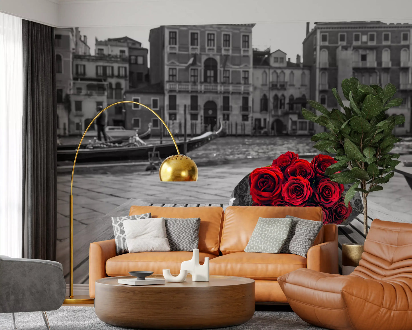 Gondola scene shapes a Living room area within the Red Roses, Grey Venice wall mural.