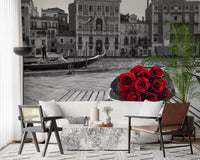 Bouquet centers a Living room on the Red Roses, Grey Venice wall mural.