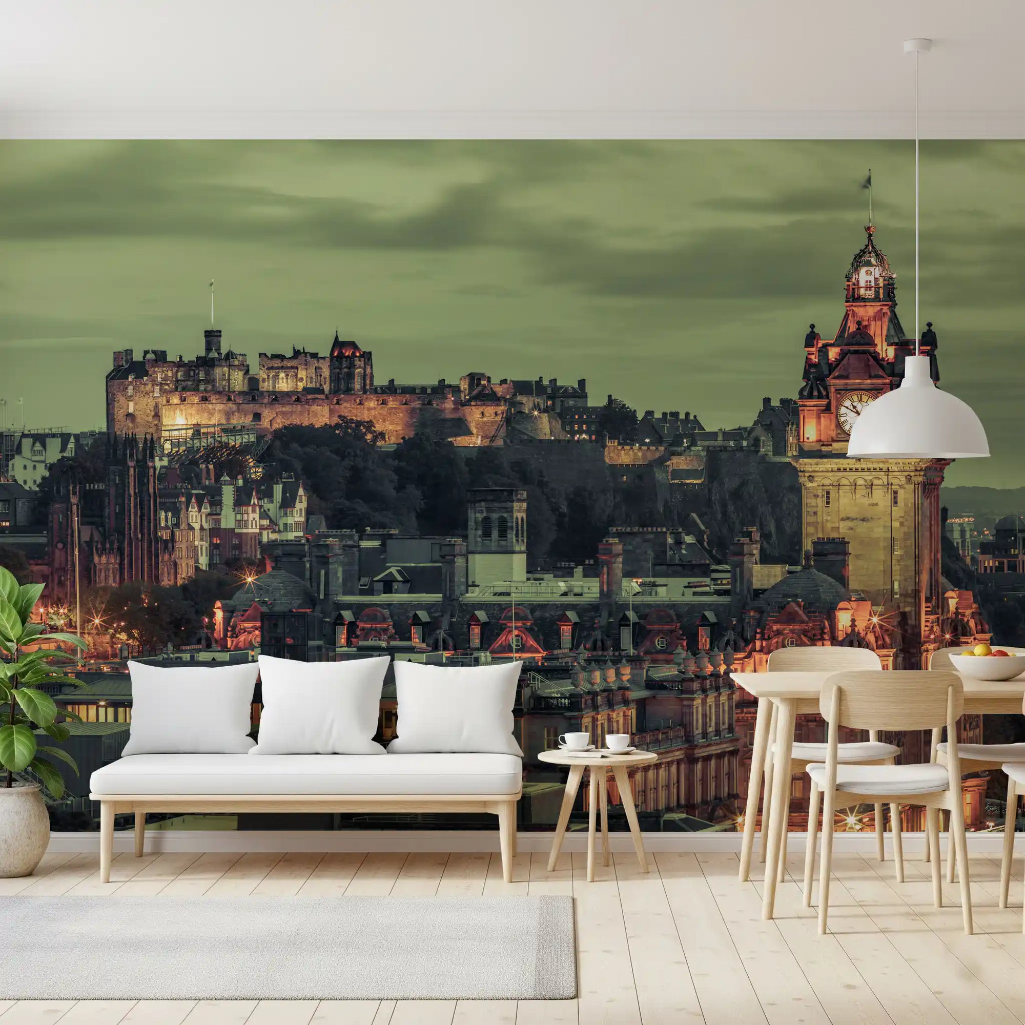 Edinburgh evening glow lifts a Dining room, the Castle & Clock Tower wall mural ahead.