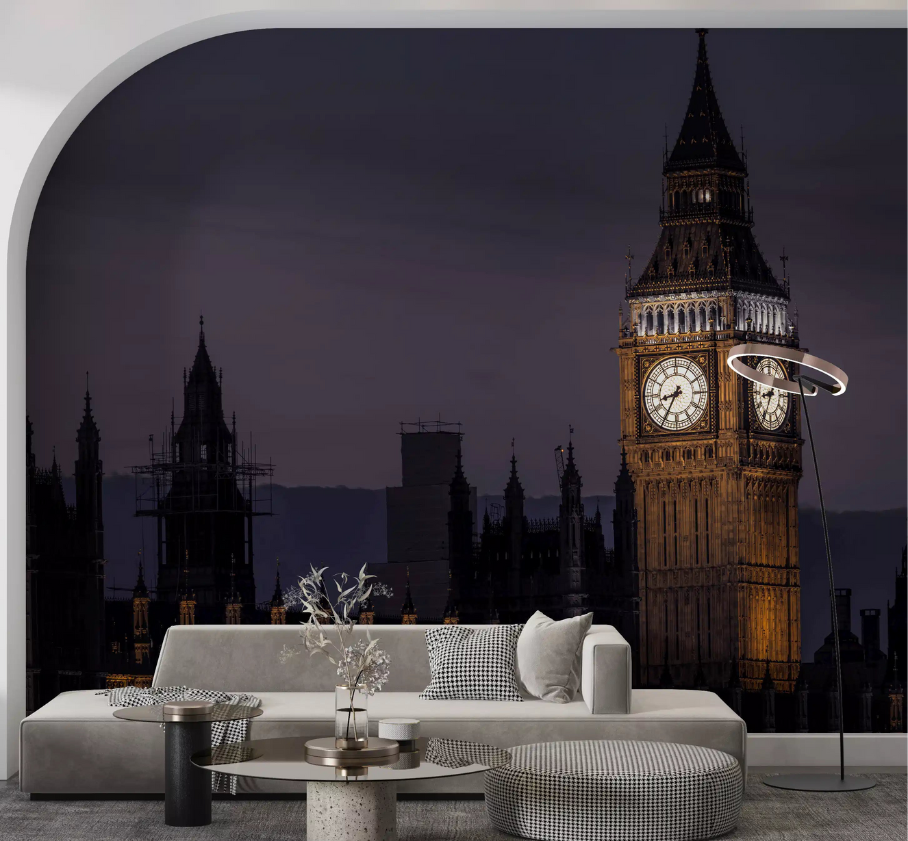Gold-lit Parliament warms a living room through the Twilight Over Big Ben wall mural.