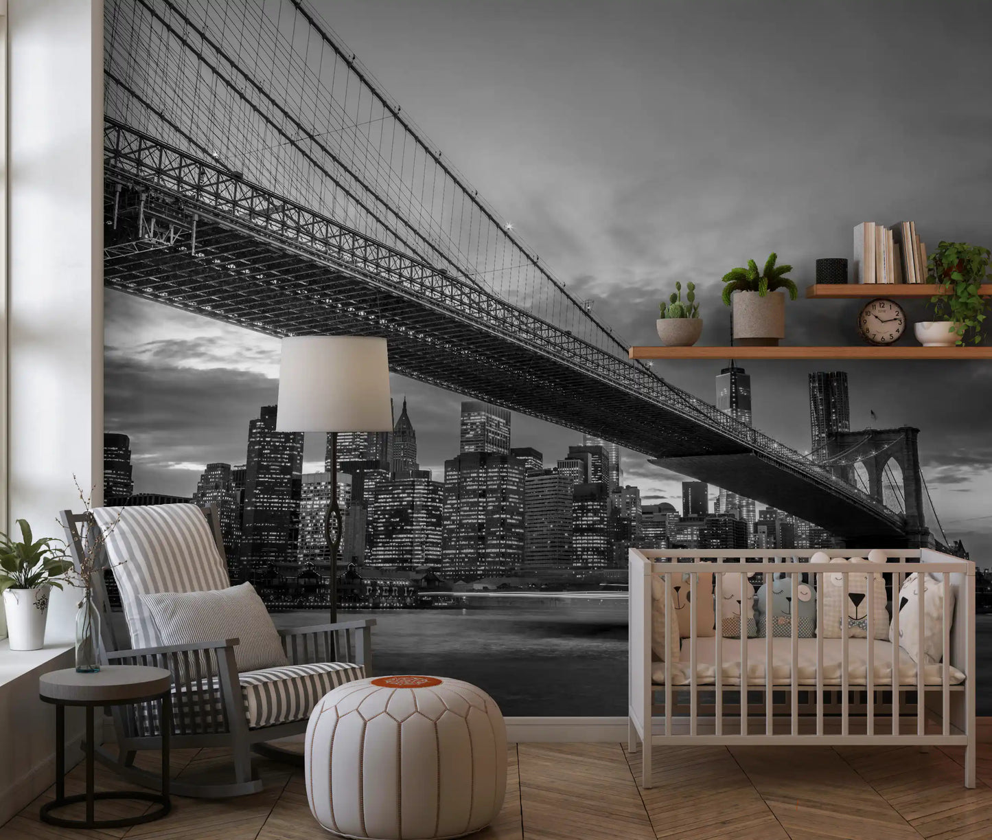 Pont de Brooklyn : Fresque murale monochrome nocturne emblématique de NYC