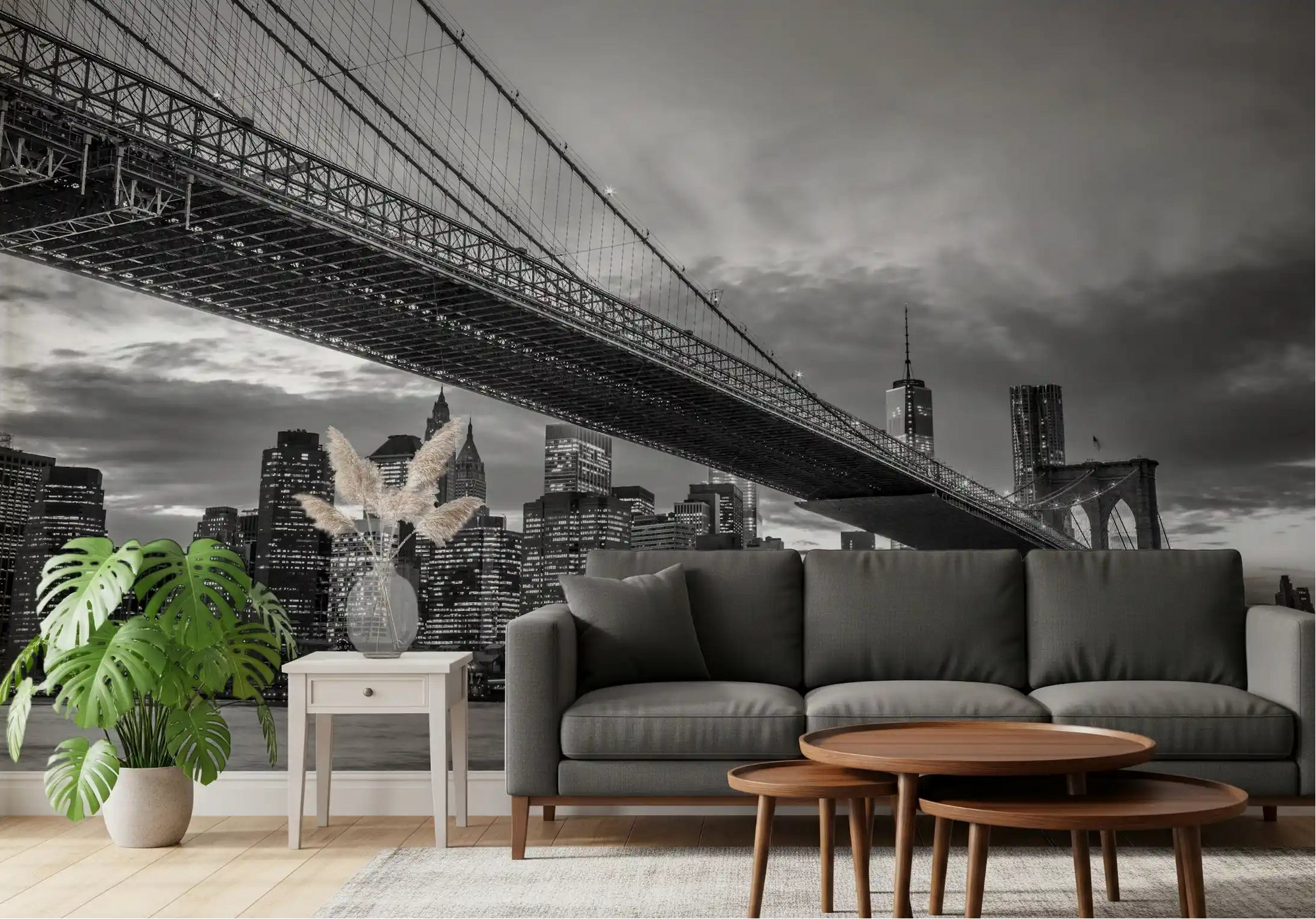 Brooklyn Bridge looms above the Living room within the Iconic NYC wall mural