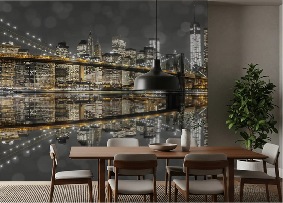 Bridge in the NYC Nightscape wall mural spans a dining room view.