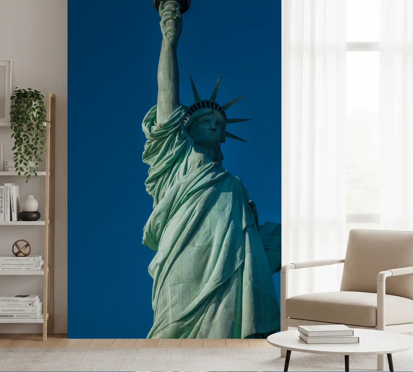 Rich blue field of the Liberty's Grace wall mural backs a Lounge view neatly