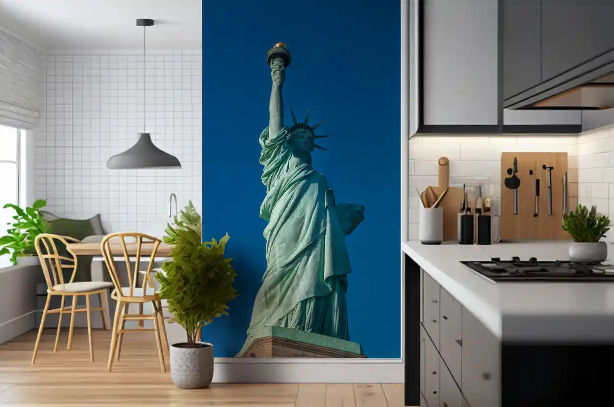 Tall figure and raised torch in the Liberty's Azure wall mural shape a Kitchen dining room feel