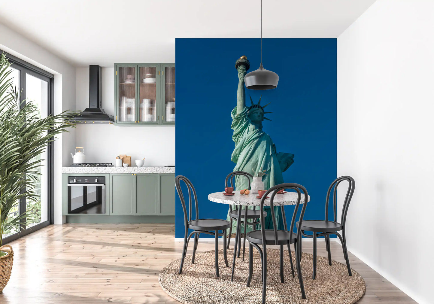 Lady figure of the Liberty Azure Grace wall mural suits a Kitchen and dining areas 