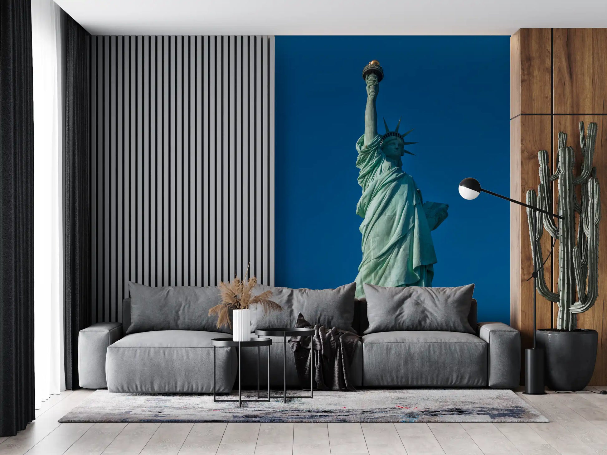 Rising arm and crown of the Liberty Grace wall mural fit a living room layout