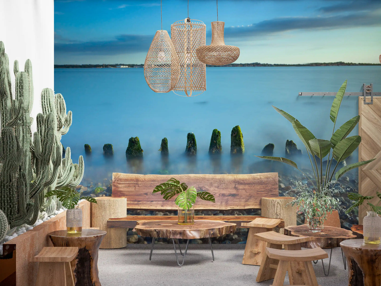 Quiet low-light seascape feel pairs with a Dining room Ethereal Coastline wall mural look.