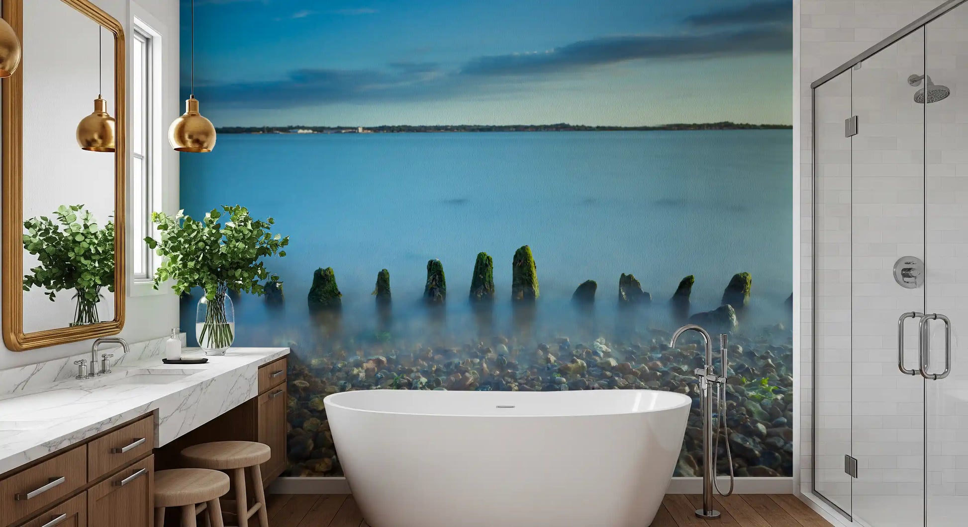 Set behind a Bathroom, mossy posts and pebbles fill this Ethereal Coastline wall mural.