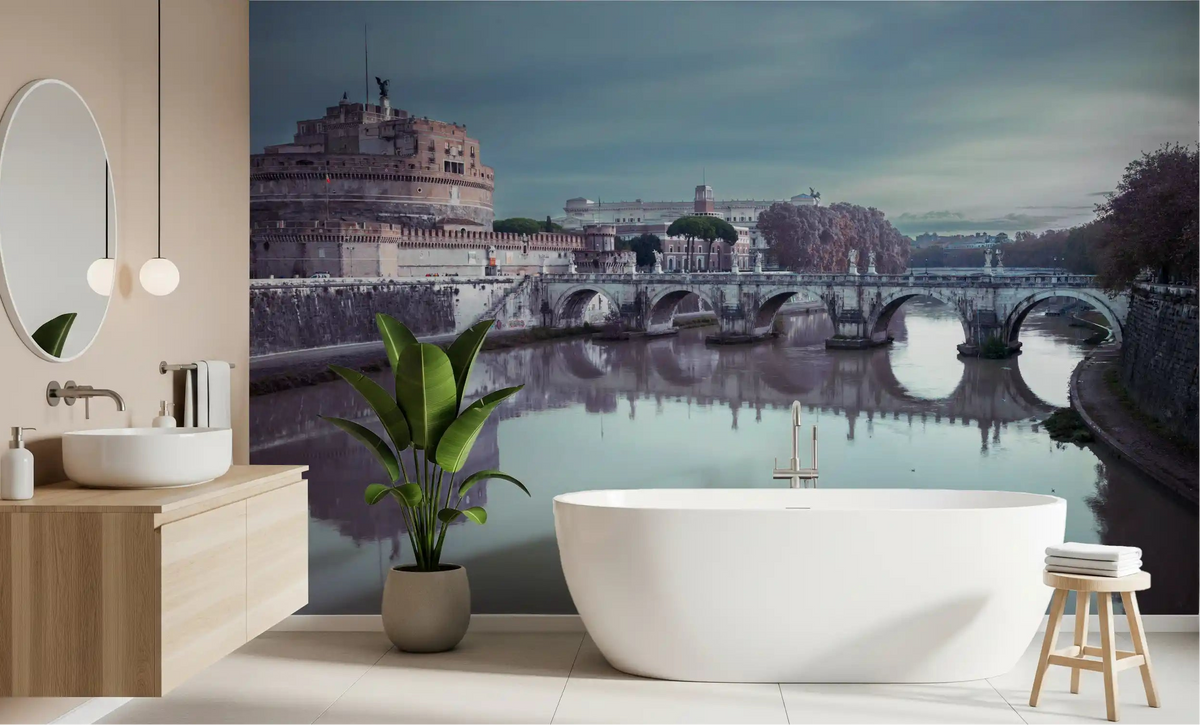 Old-world stone tones quiet a bathroom around the Roman Reflection wall mural.