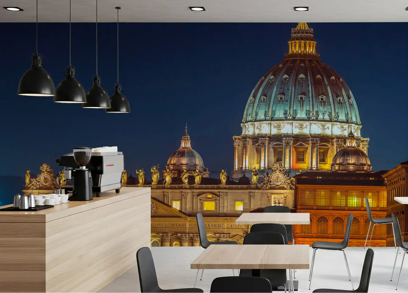 Cathedral domes light up a Café Vatican Night wall mural scene.