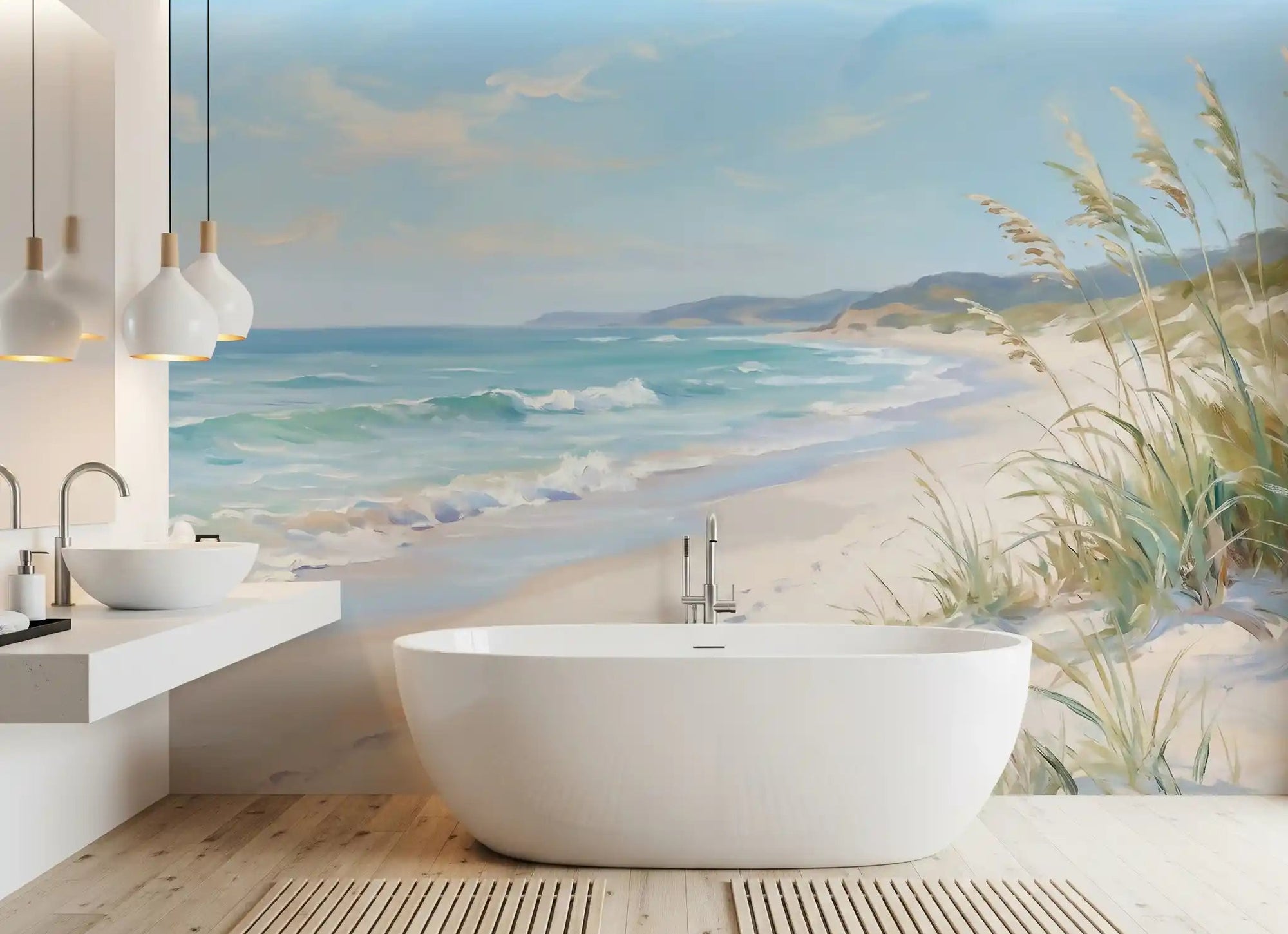 Calm coastal painting of the Serene Canvas wall mural fits an airy bathroom corner