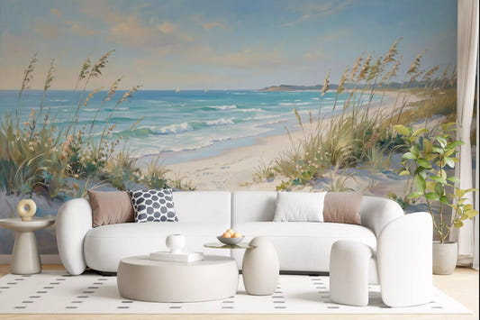 Sea oats lift a living room from the Coastal Serenity Pathway wall mural and dune.