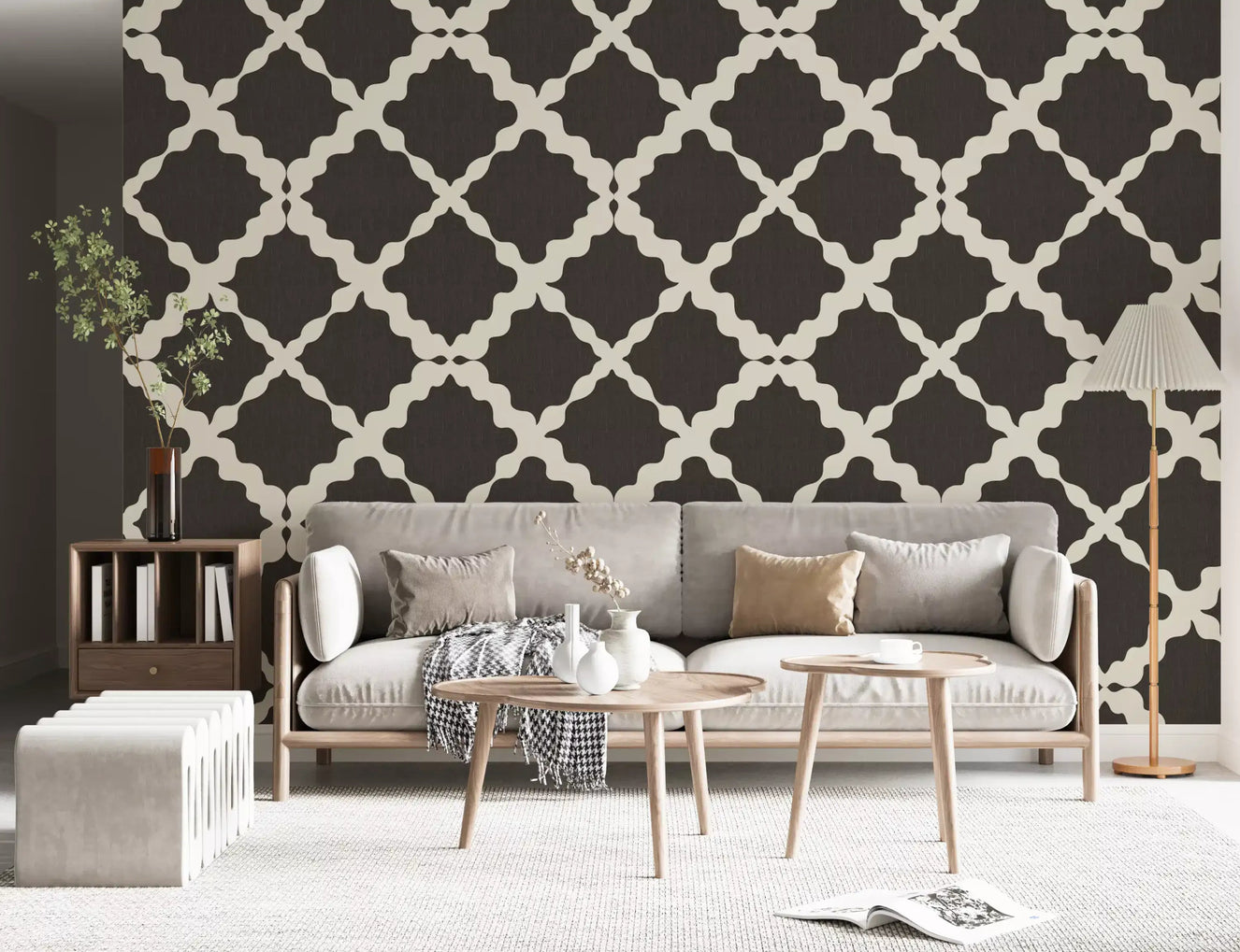 Diamond grid frames a living room with the Textured Lattice Trellis wallpaper pattern.