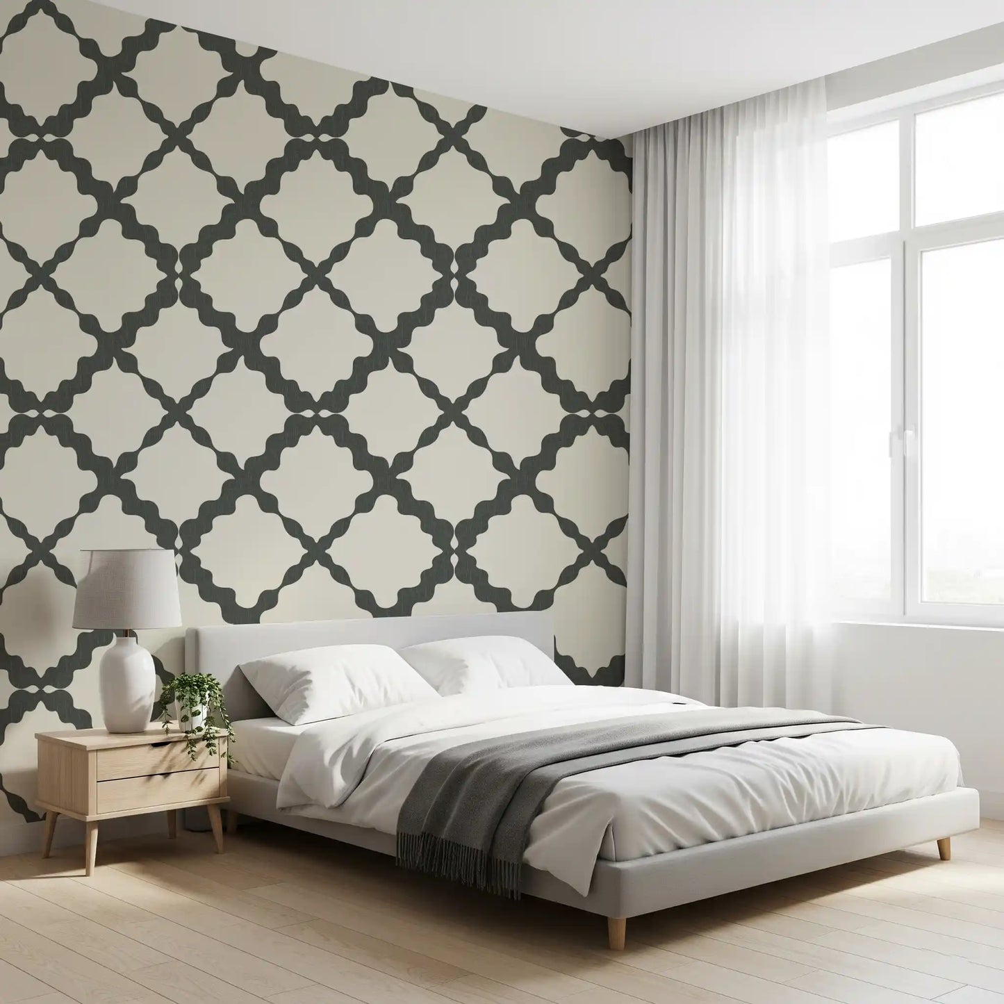 Off-white and charcoal pair cleanly across the Geometric Grey Modern wallpaper