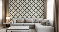 Trellis curves within the Geometric Grey Modern wallpaper sit above a Living room
