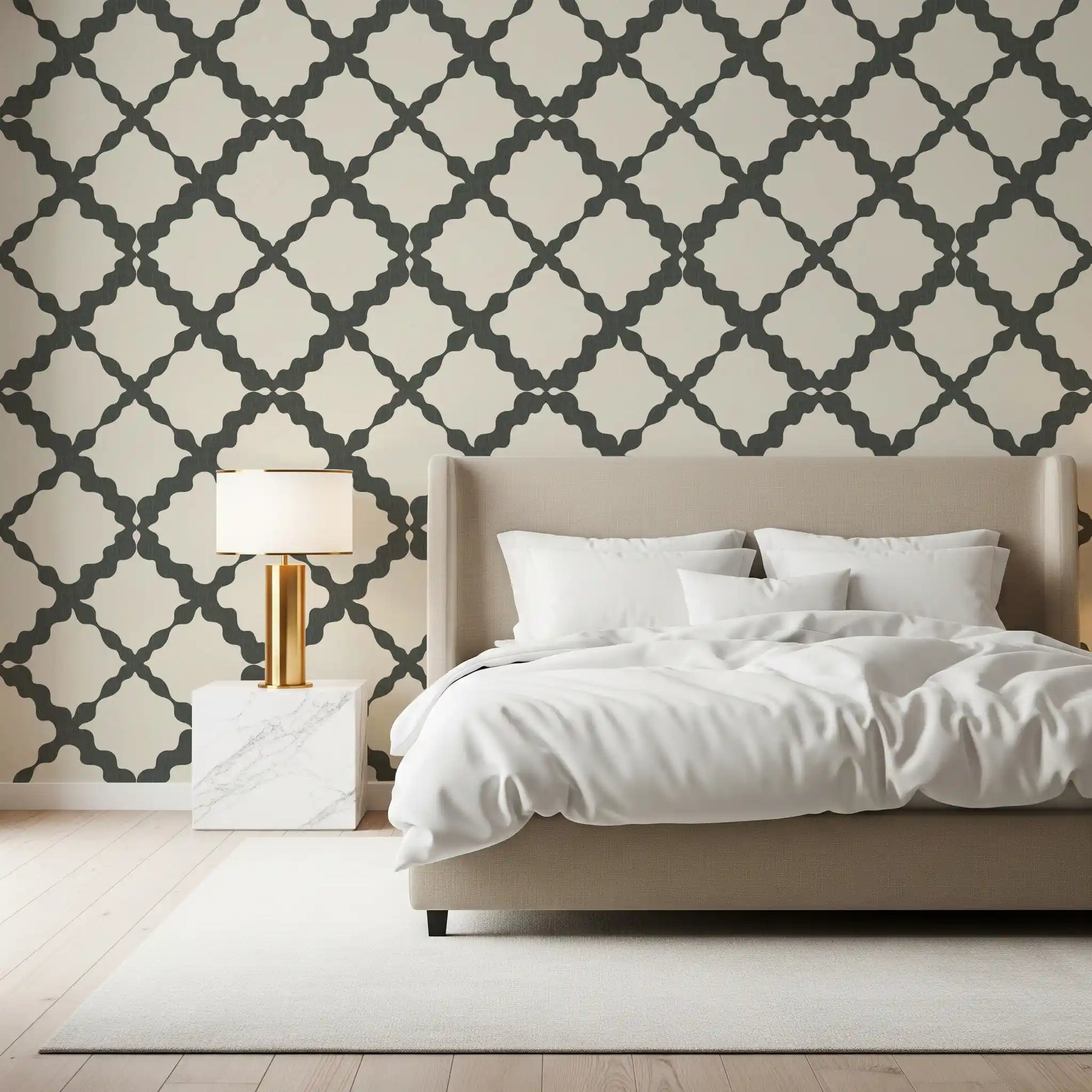 Mid-toned grey tones within the Geometric Grey Modern wallpaper unify a Bedroom