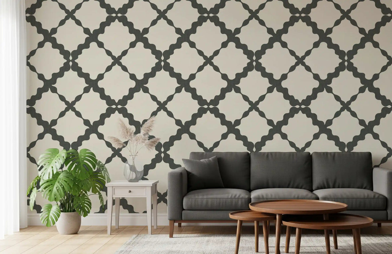 Charcoal mesh lines pattern the Lattice Trellis Modern wallpaper across a Living room 