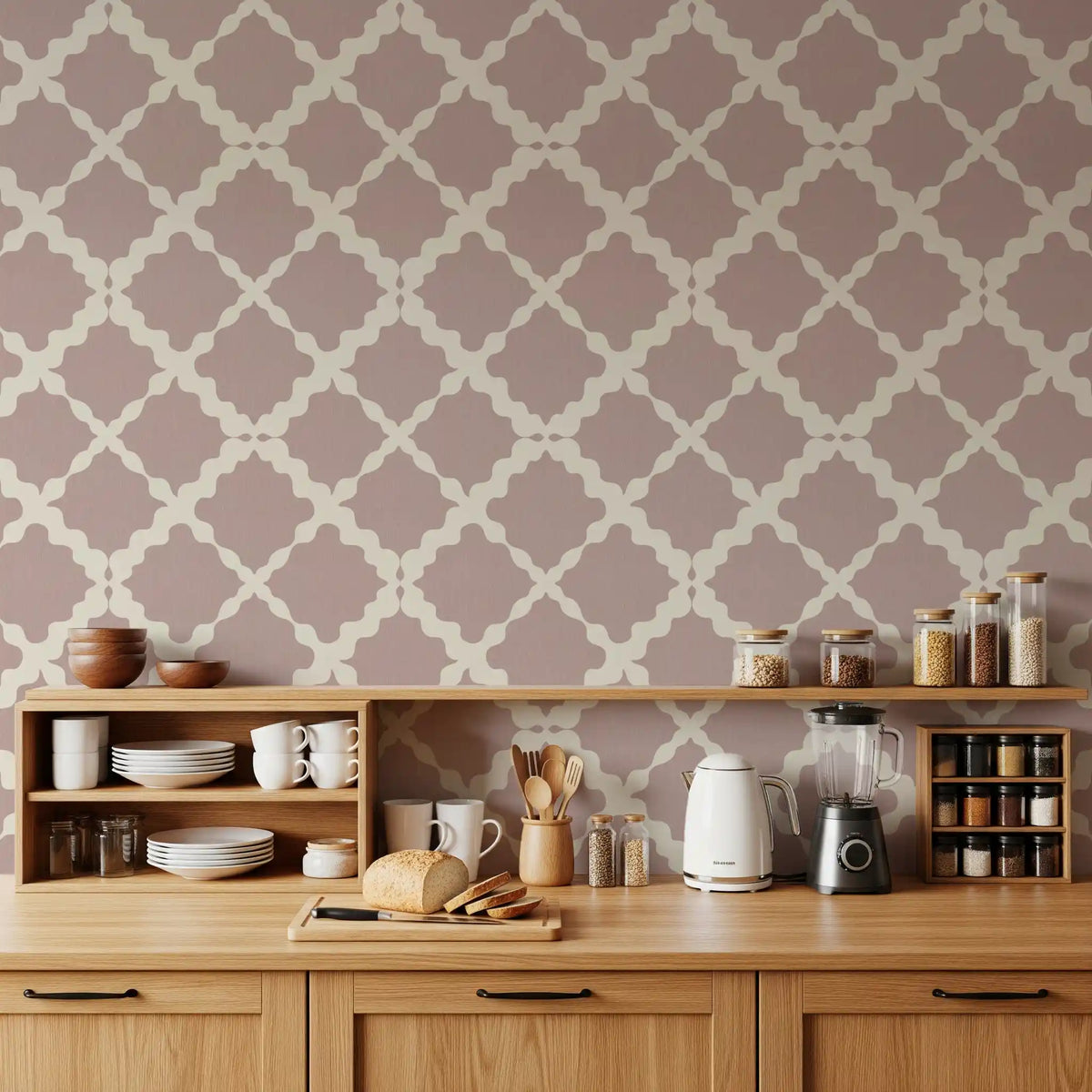Ogee curve pattern of the Textured Trellis wallpaper opens a kitchen-dining space
