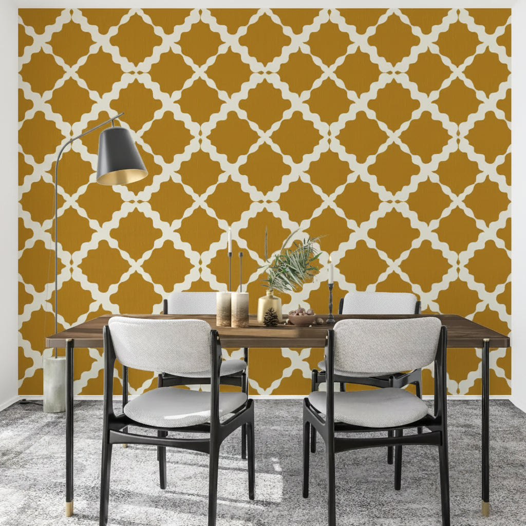 Mustard and white ogee curves lift a dining room with Textured Lattice Trellis wallpaper.