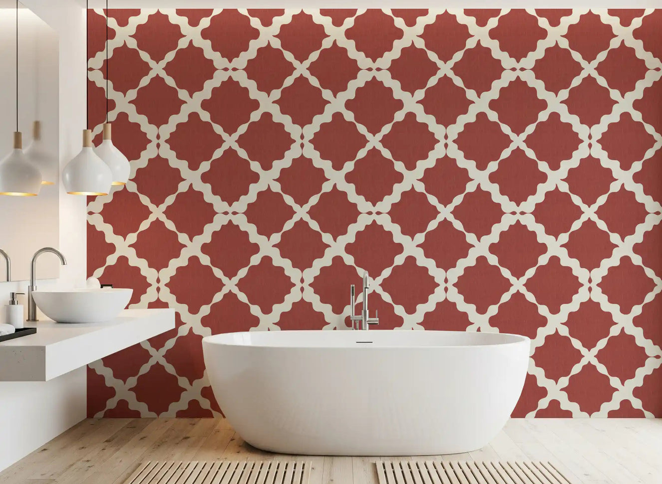 Rust quatrefoil pattern wraps a bathroom in this Textured Lattice Trellis wallpaper.