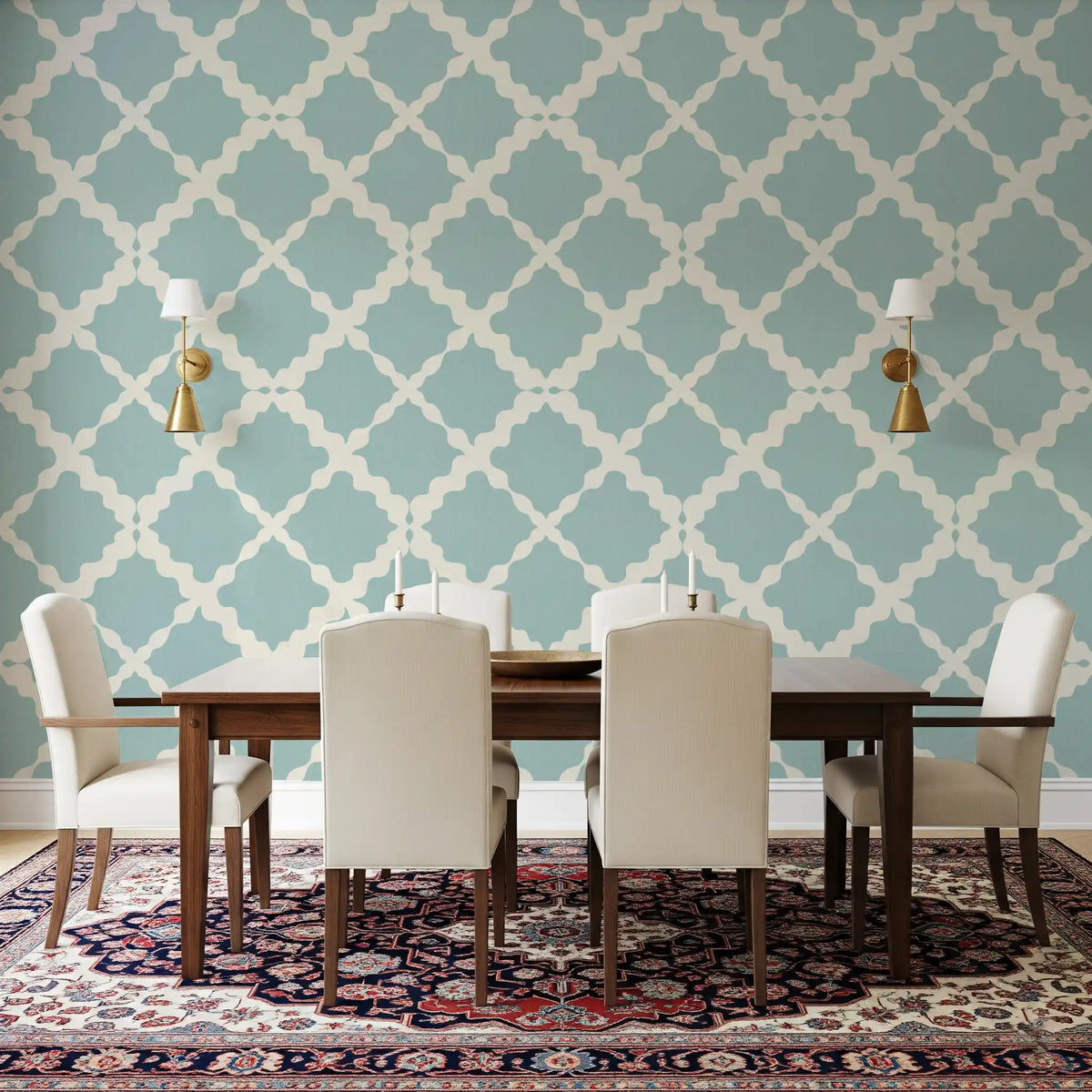 Dining room interiors shine alongside our textured lattice geometric wallpaper installation