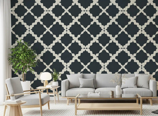 Wide living room spaces benefit from the striking textured lattice wallpaper installed here.