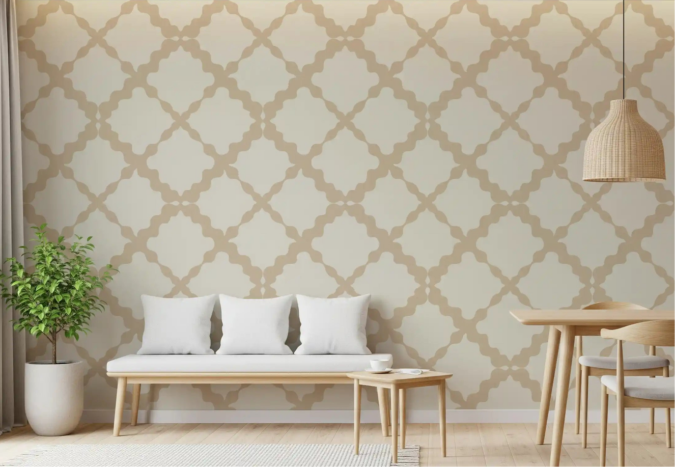 Cream beige quatrefoil wallpaper repeats evenly through a calm modern Dining room.